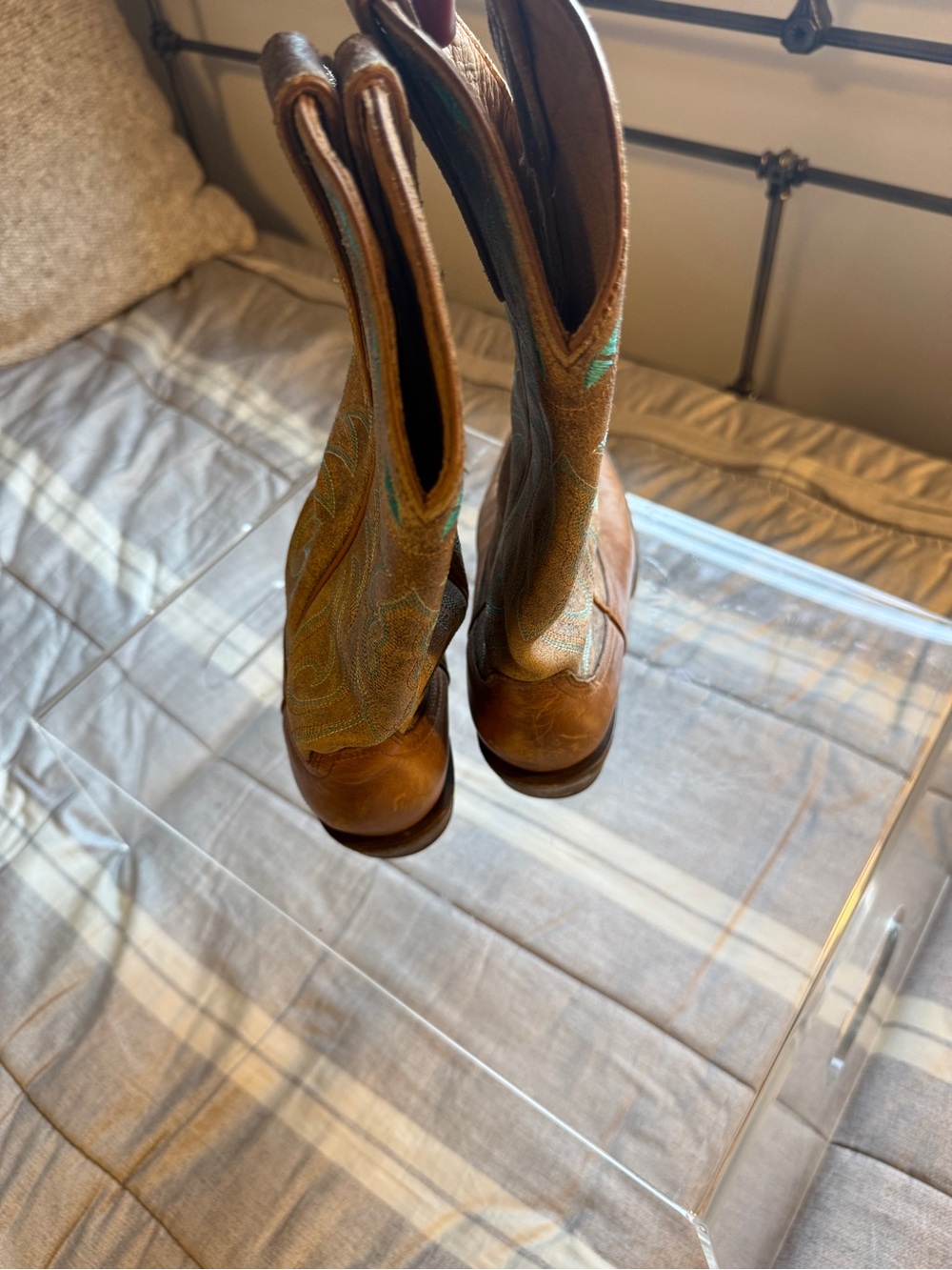 Women's Brown Leather Western Heeled Boots with Turquoise Stitching - Picture 3 of 5